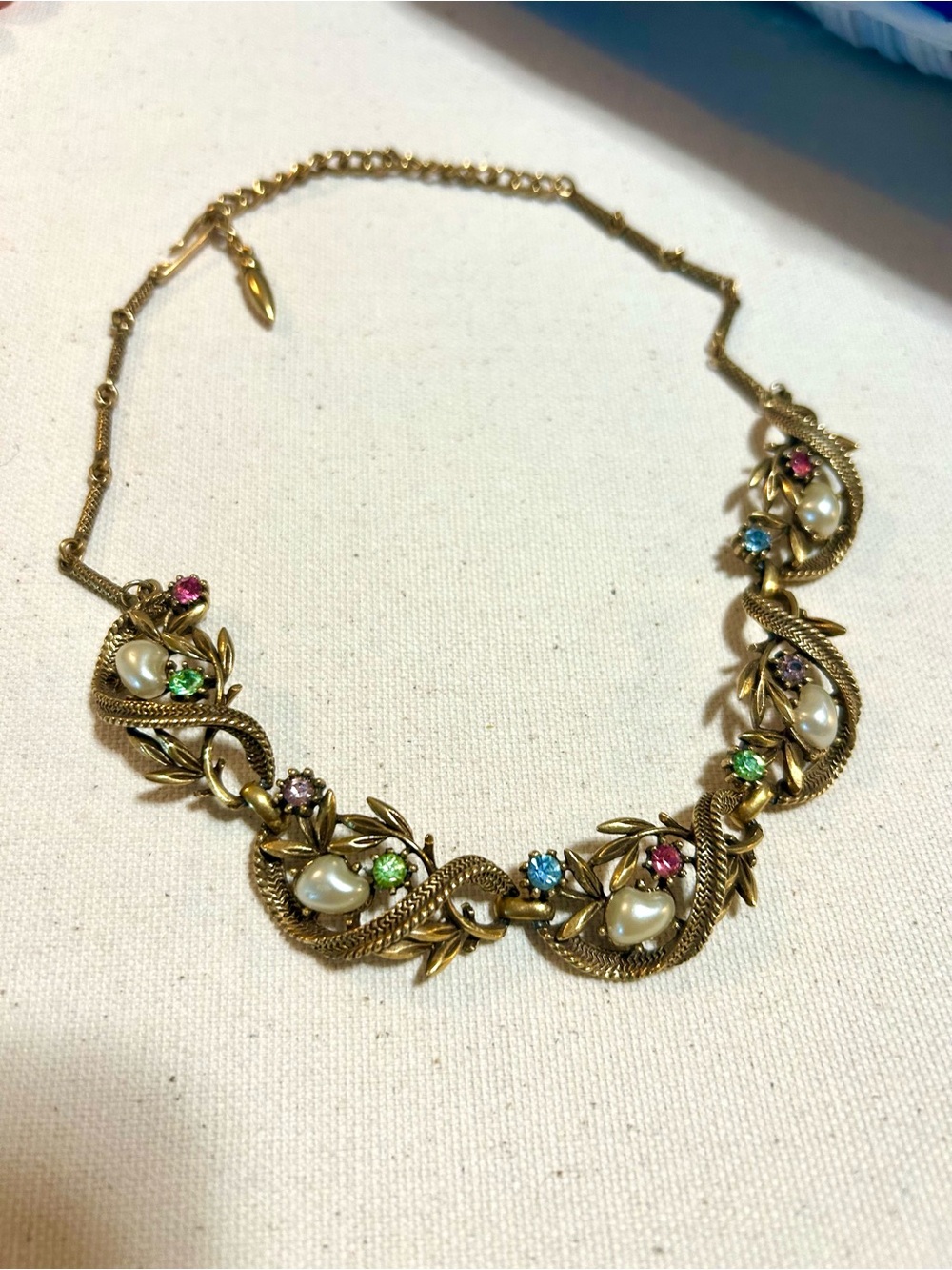 Coro Gold-Tone Necklace with Pearls and Multicolor Crystals